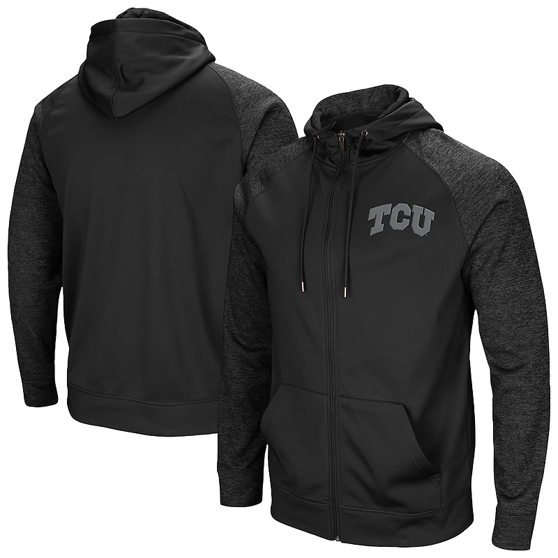 Men's Colosseum Black TCU Horned Frogs Blackout 3.0 Tonal Raglan Full-Zip Hoodie