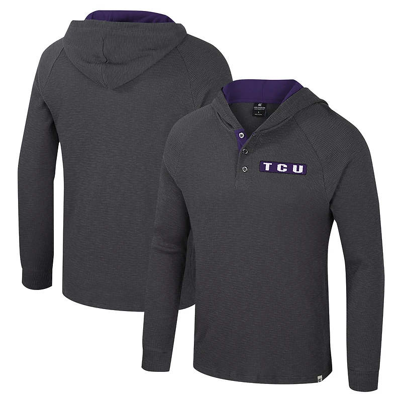 T-shirt à capuche manches longues Henley pour homme Colosseum Charcoal TCU Horned Frogs Dujour Ralgan