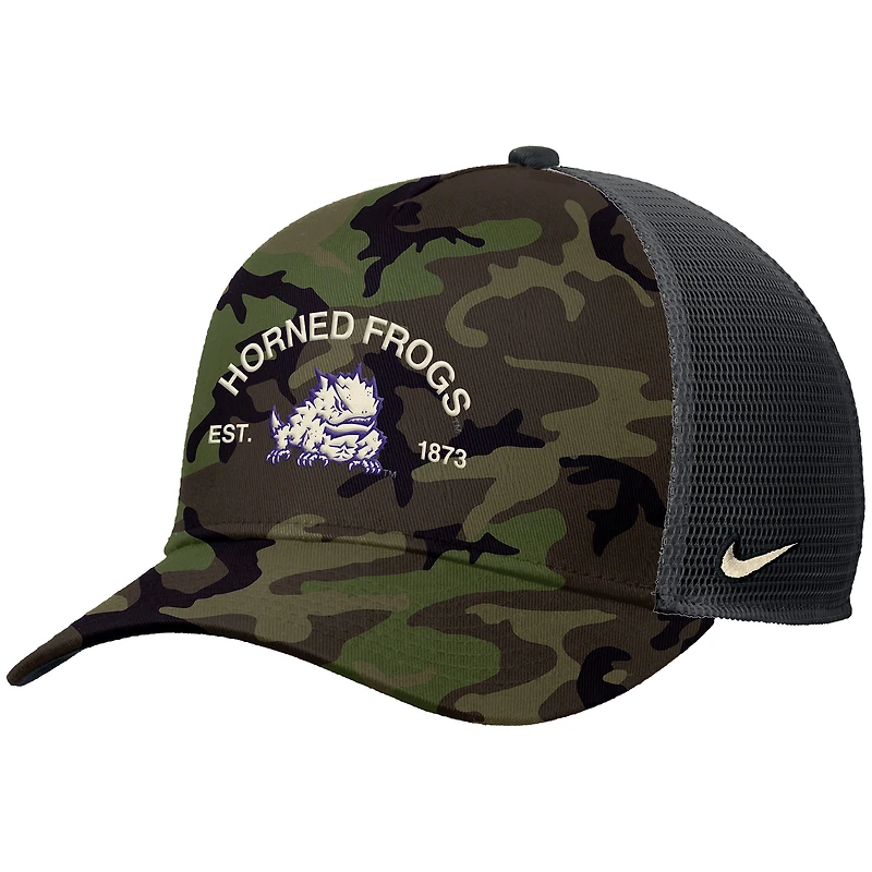Men's Nike Camo TCU Horned Frogs 2025 Military Appreciation Rise Adjustable Trucker Hat
