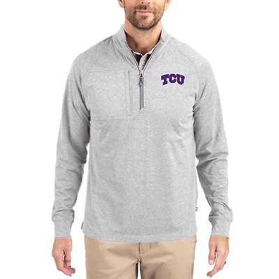 Pull à col zippé raglan en maille extensible DryTec recyclée, gris chiné, de la marque Cutter & Buck et TCU Horned Frogs.