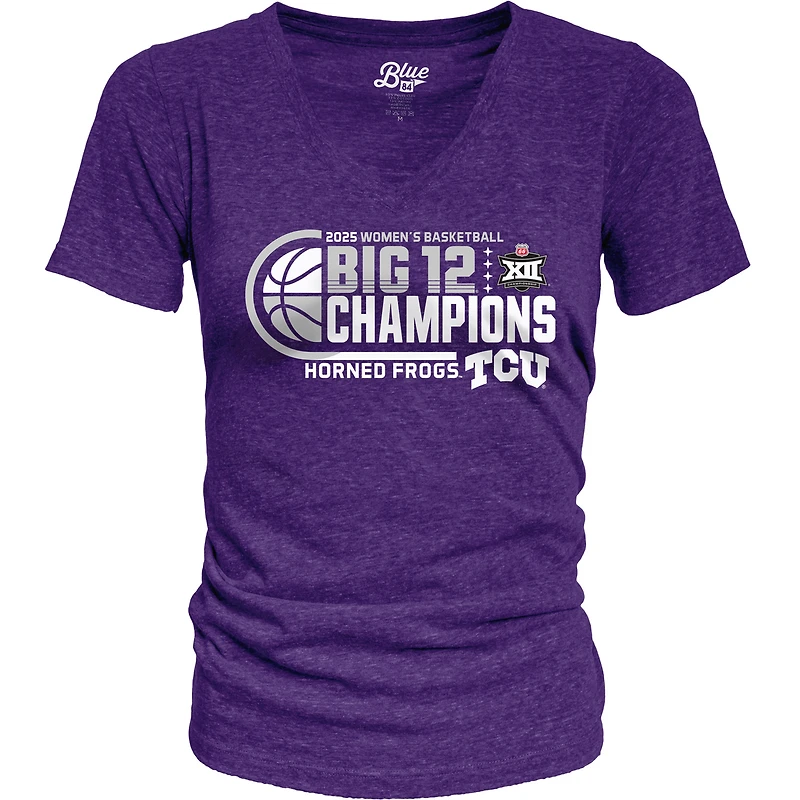 T-shirt à col en V bleu 84 violet TCU Horned Frogs 2025 Champions du tournoi de basket-ball féminin Big 12 Locker Room Tri-Blend