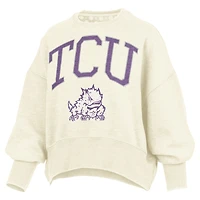 Women's Pressbox Natural TCU Horned Frogs Oversized Waist-Length Crewneck Sweatshirt