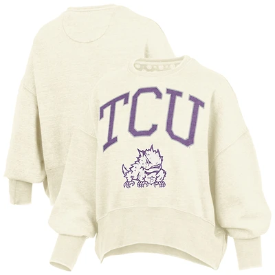 Women's Pressbox Natural TCU Horned Frogs Oversized Waist-Length Crewneck Sweatshirt