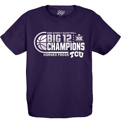 Youth Blue 84 Purple TCU Horned Frogs 2025 Big 12 Women's Basketball Conference Tournament Champions Locker Room T-Shirt