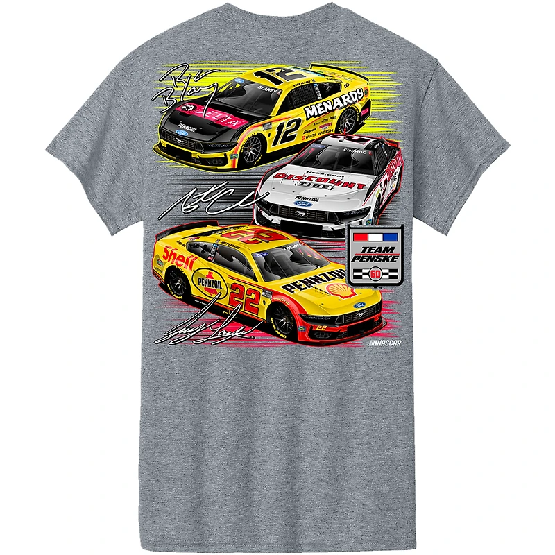 T-shirt Team Penske Athletic Heather Gray pour hommes, modèle « Team Three-Car Team ».