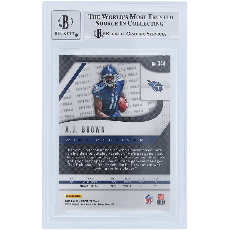 A.J. Brown Tennessee Titans Autographed 2019 Panini Prizm #344 Beckett Fanatics Witnessed Authenticated 9/10 Rookie Card