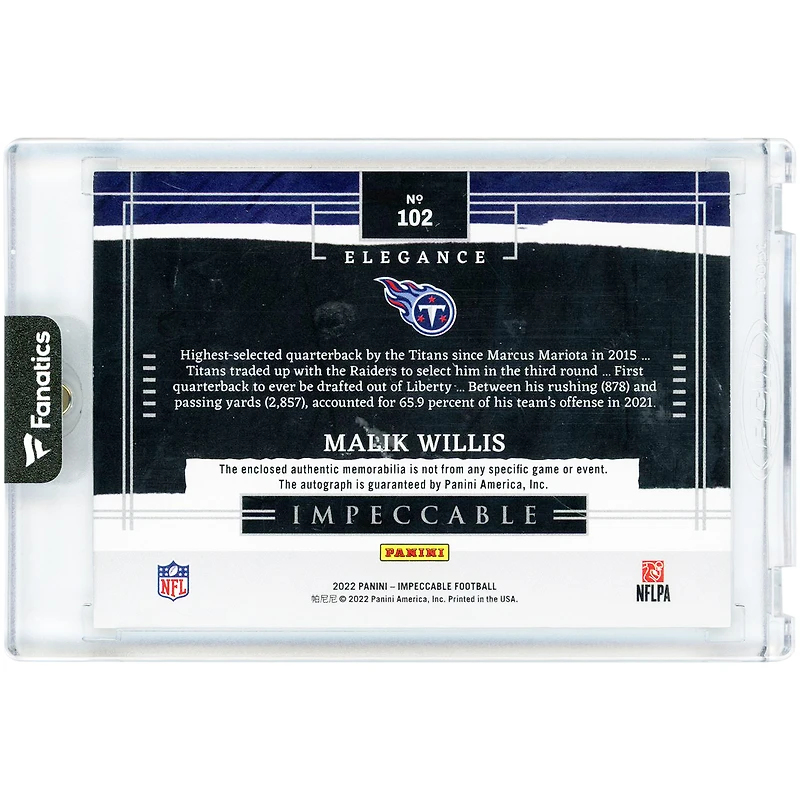 Malik Willis Tennessee Titans Autographed 2022 Panini Impeccable Dual Tri-Color Jersey and Helmet Relic #102 #3/35 Rookie Card