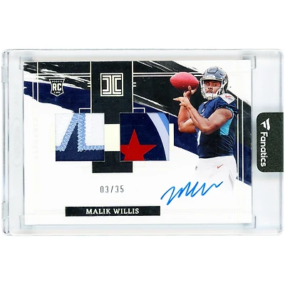 Malik Willis Tennessee Titans Autographed 2022 Panini Impeccable Dual Tri-Color Jersey and Helmet Relic #102 #3/35 Rookie Card