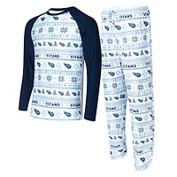 Ensemble de nuit pour homme Concepts Sport blanc/bleu marine Tennessee Titans Tinsel Raglan à manches longues et pantalon