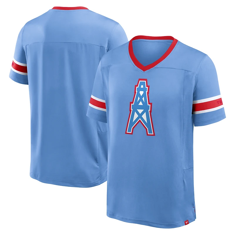 T-shirt col V premium Hashmark bleu clair pour homme, motif rétro des Titans du Tennessee et Oilers