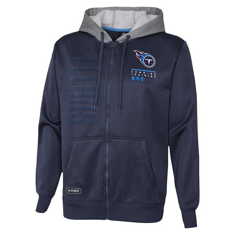 Sweat à capuche entièrement zippé bleu marine Tennessee Titans Combine Authentic Field Play pour hommes