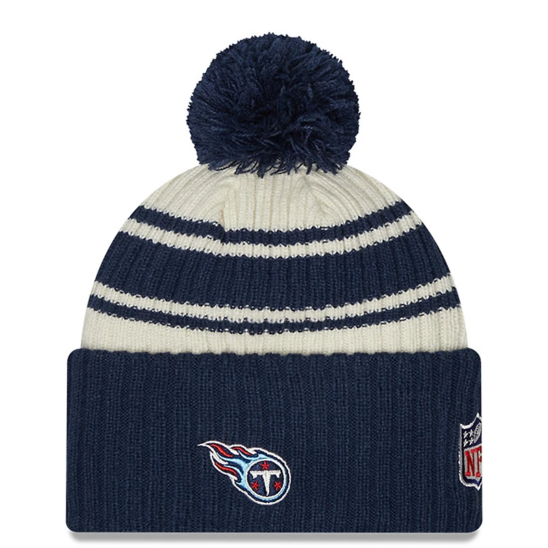 Men's New Era Cream/Navy Tennessee Titans 2022 Sideline - Sport Cuffed Pom Knit Hat