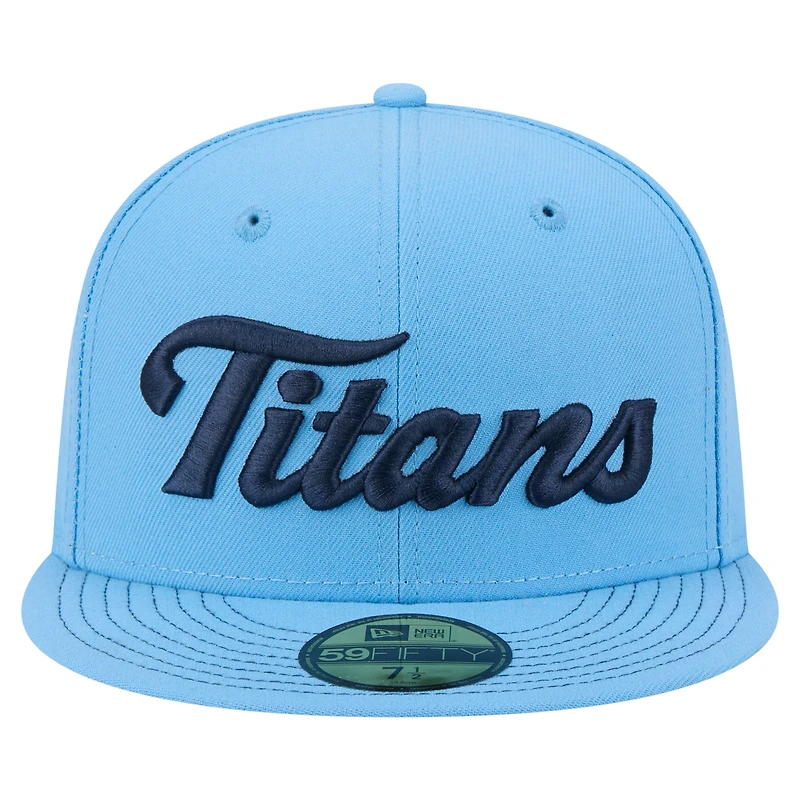 Casquette ajustée New Era 59FIFTY bleu clair pour homme, logo Tennessee Titans.