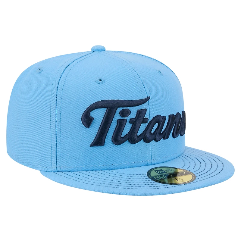 Casquette ajustée New Era 59FIFTY bleu clair pour homme, logo Tennessee Titans.