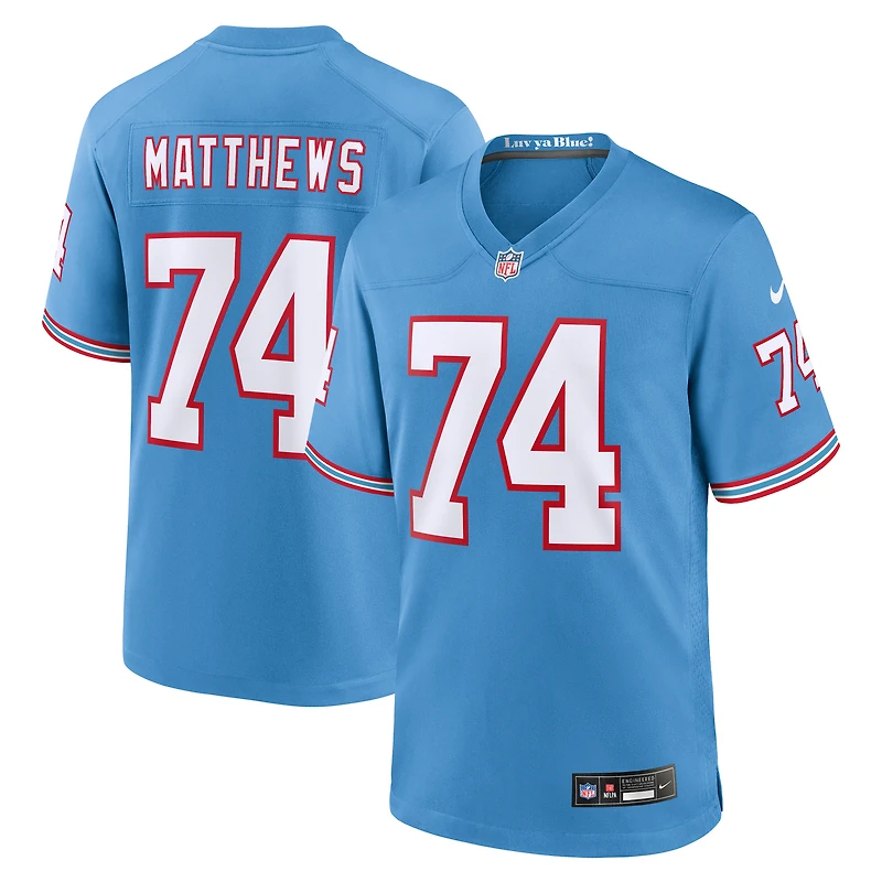 Maillot Nike Bruce Matthews bleu clair pour homme, joueur retraité des Titans du Tennessee, match alternatif