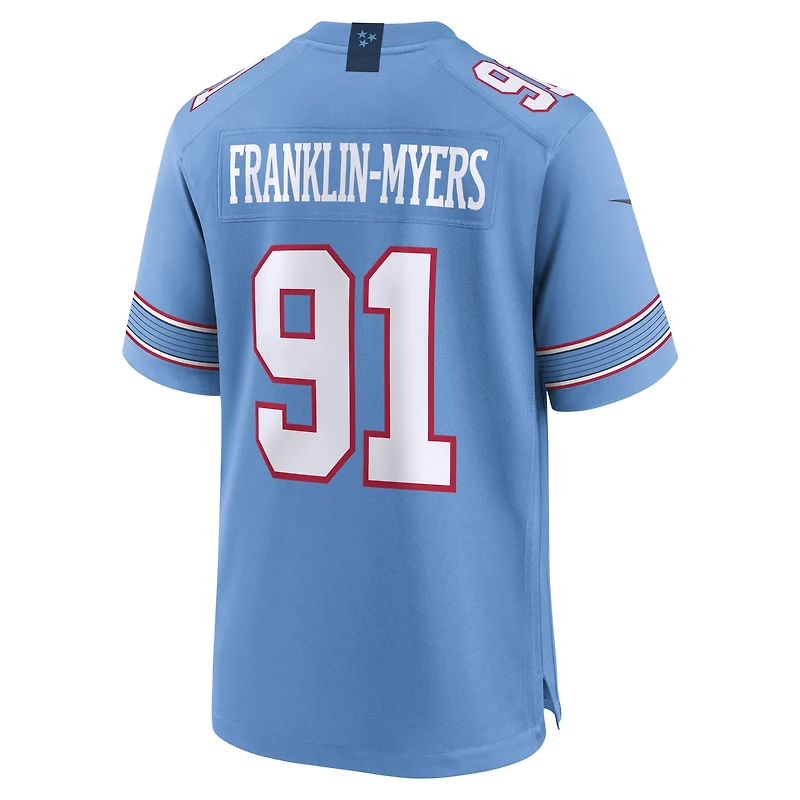 Maillot de match Nike John Franklin-Myers bleu clair des Titans du Tennessee pour homme