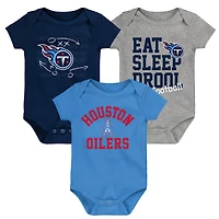 Lot de trois bodys rétro Eat, Sleep & Drool pour nouveau-nés et nourrissons bleu marine/bleu clair/gris chiné Tennessee Titans