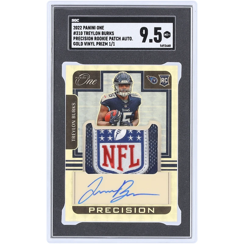 Treylon Burks Tennessee Titans Autographed 2022 Panini One Gold Vinyl Precision Rookie NFL Shield Relic #310 #1/1 SGC Authenticated 9.5 Card