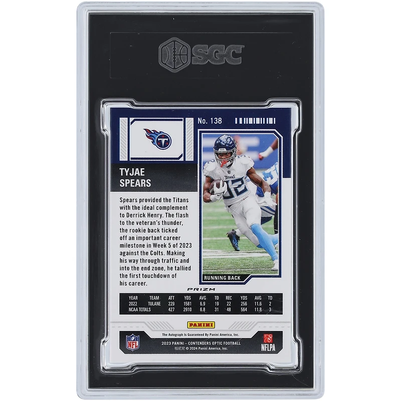 Carte de recrue authentifiée 8,5 Panini Contenders Optic Silver Prizm #138 SGC autographiée par Tyjae Spears Tennessee Titans 2023
