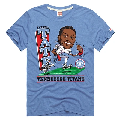 T-shirt unisexe en mélange de trois matières, hommage à Carnell Tate, bleu clair, représentant un joueur des Tennessee Titans.