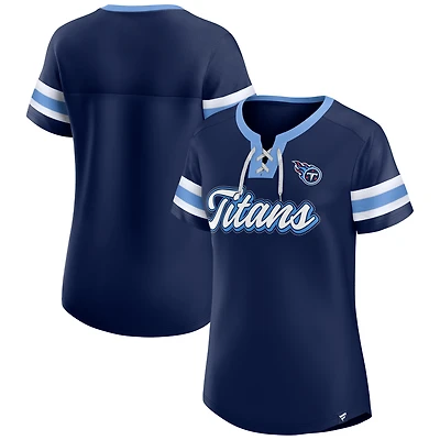 Women's Fanatics  Navy Tennessee Titans True Catch Iconic Rhinestone Bling Athena Lace-Up T-Shirt