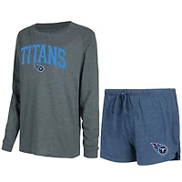 Women's Concepts Sport Navy/Charcoal Tennessee Titans Raglan Long Sleeve Top & Shorts Lounge Set