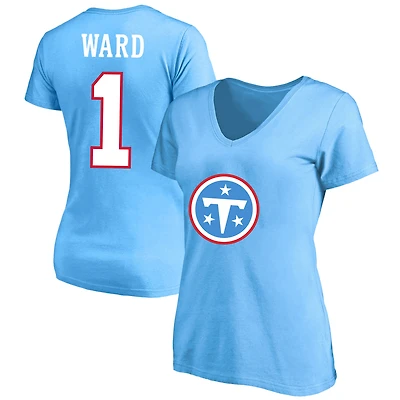 T-shirt à col en V pour femme Fanatics Cameron Ward bleu clair Tennessee Titans, grande taille, nom et numéro