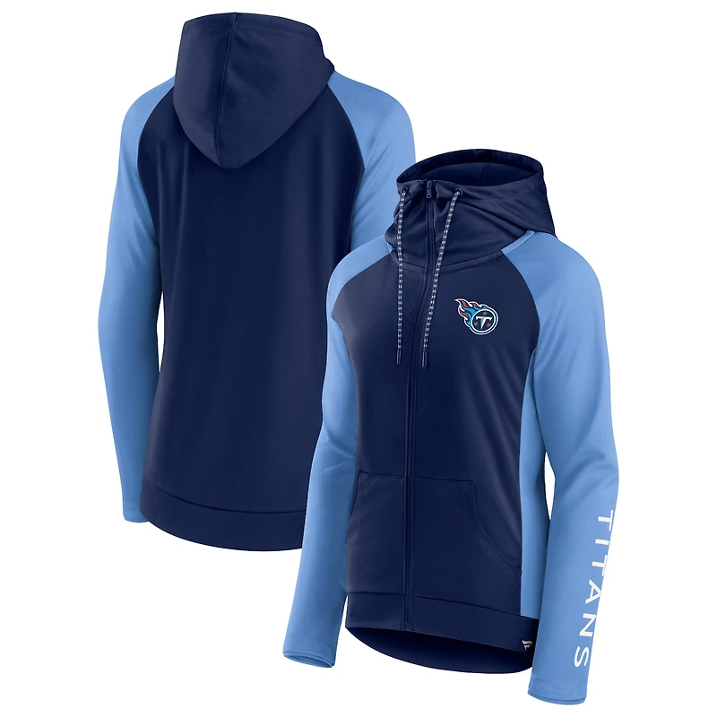 Veste à capuche légère raglan entièrement zippée pour femmes Fanatics bleu marine/bleu clair Tennessee Titans End Around
