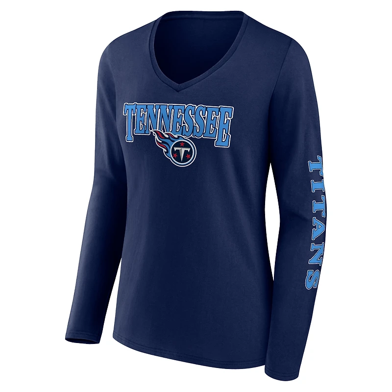 Women's Fanatics Navy Tennessee Titans Wordmark Long Sleeve V-Neck T-Shirt