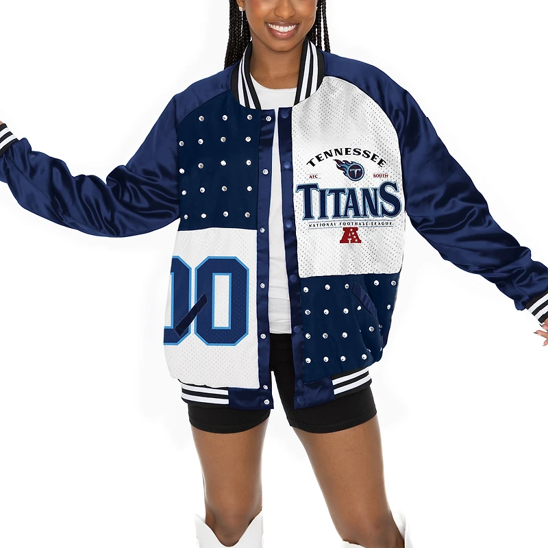 Veste bomber surdimensionnée à boutons-pression et strass pour femme Gameday Couture bleu marine/blanc des Tennessee Titans
