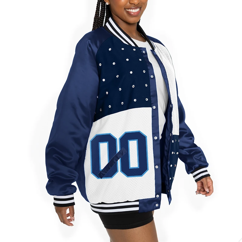 Veste bomber surdimensionnée à boutons-pression et strass pour femme Gameday Couture bleu marine/blanc des Tennessee Titans