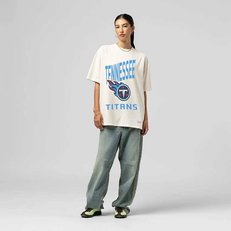 Women's Mitchell & Ness Cream Tennessee Titans Logo Rise Boyfriend T-Shirt