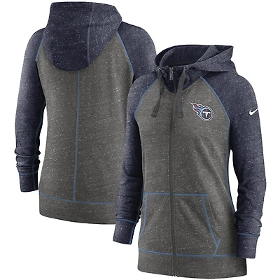 Sweat à capuche raglan entièrement zippé Nike pour femme, anthracite chiné/bleu marine Tennessee Titans Gym Vintage