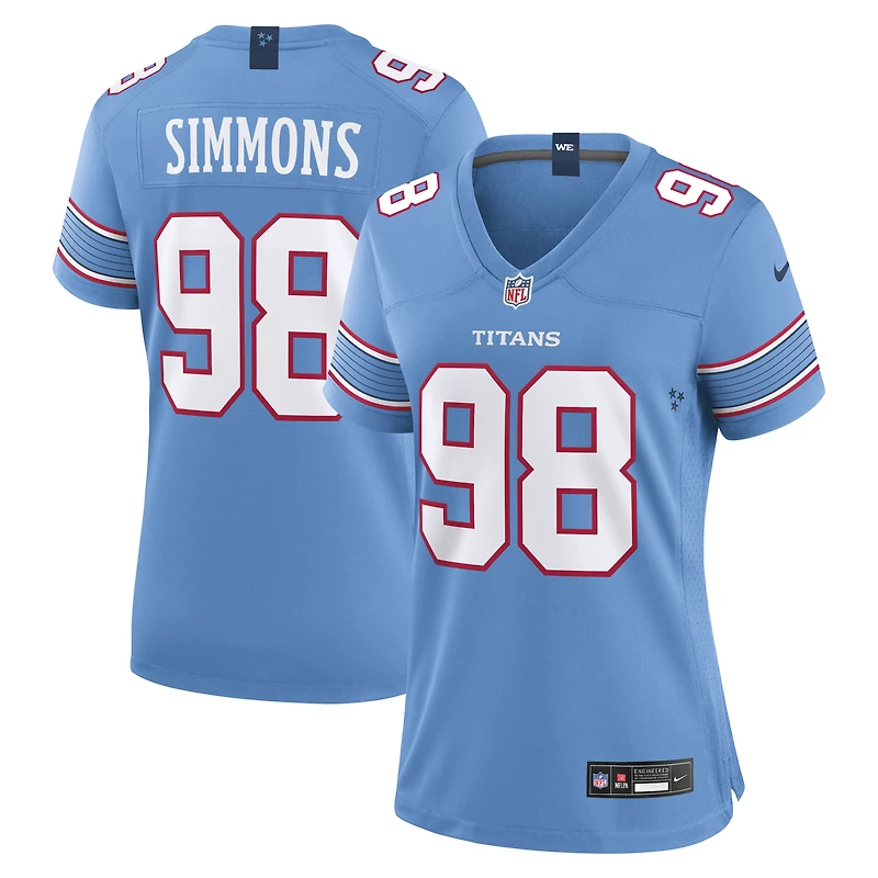 Maillot de match Nike Jeffery Simmons bleu clair des Titans du Tennessee pour femmes