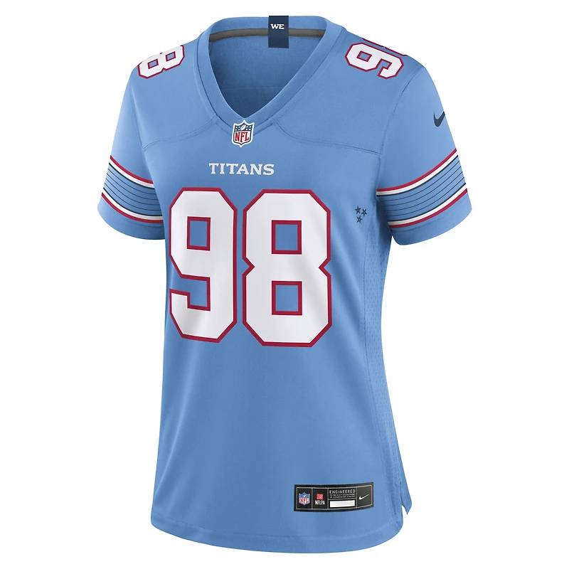Maillot de match Nike Jeffery Simmons bleu clair des Titans du Tennessee pour femmes