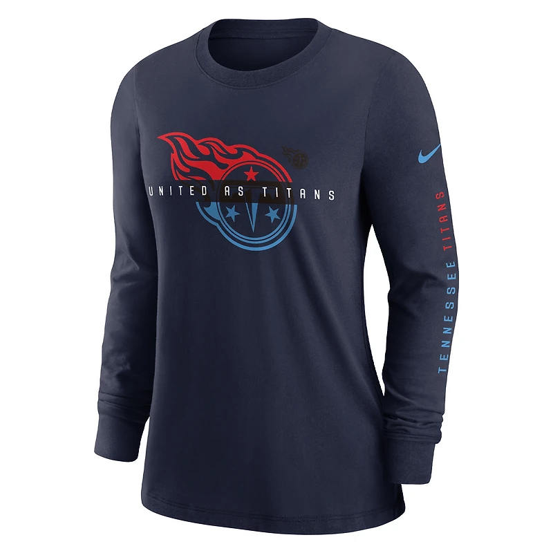 T-shirt à manches longues fendu Nike Tennessee Titans Prime pour femme, bleu marine