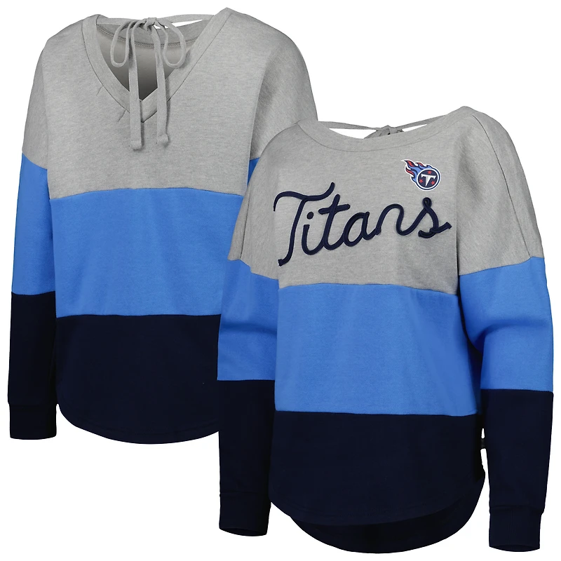 Sweat-shirt pour femme Touch gris chiné/bleu marine Tennessee Titans Outfield profond dos en V à la taille