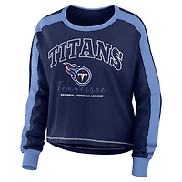 Women's WEAR by Erin Andrews Navy/Light Blue Tennessee Titans Color Block Modest Crop Long Sleeve T-Shirt