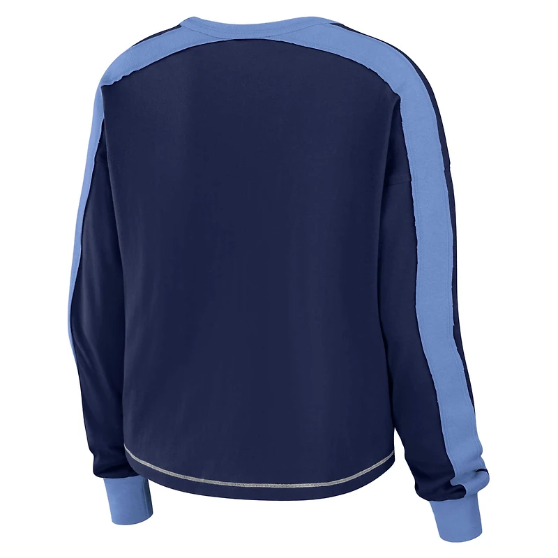 Women's WEAR by Erin Andrews Navy/Light Blue Tennessee Titans Color Block Modest Crop Long Sleeve T-Shirt