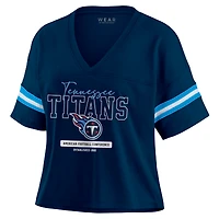 Women's WEAR by Erin Andrews Navy Tennessee Titans Color Block Boxy Modest Crop V-Neck T-Shirt