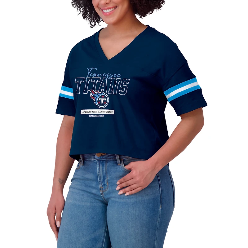 Women's WEAR by Erin Andrews Navy Tennessee Titans Color Block Boxy Modest Crop V-Neck T-Shirt