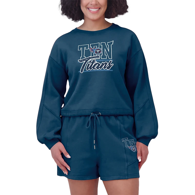 Ensemble de détente pour femme WEAR by Erin Andrews avec t-shirt à manches longues et short en polaire délavée bleu marine Tennessee Titans