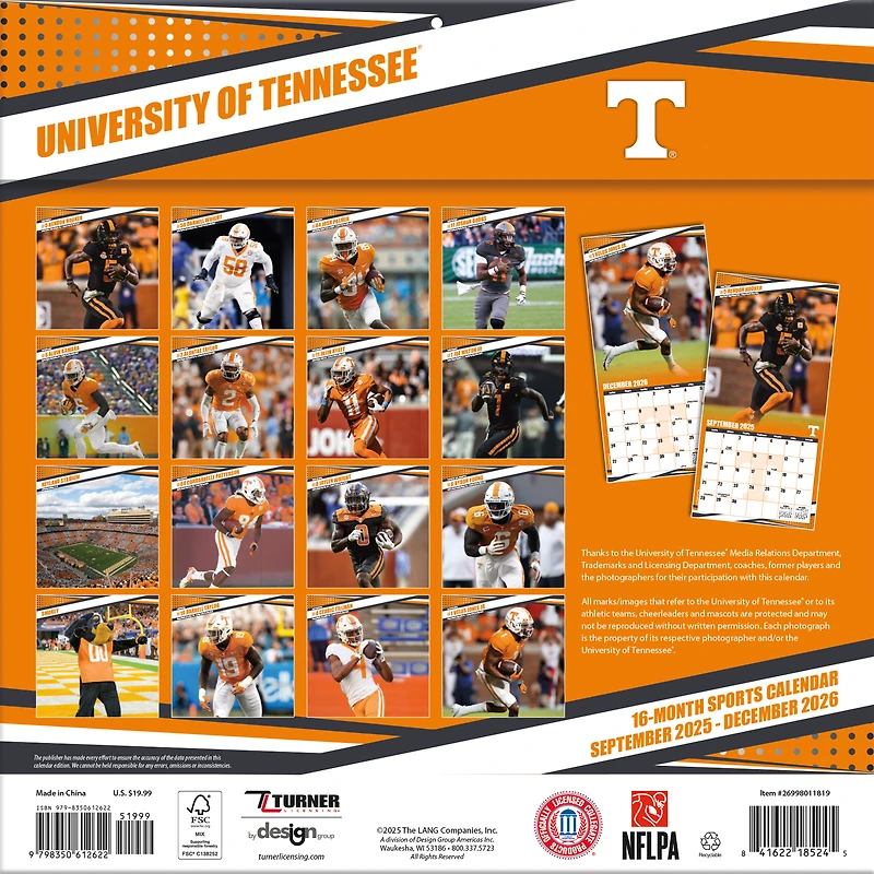 Calendrier mural 2026 des équipes des Tennessee Volunteers (12 po x 12 po)