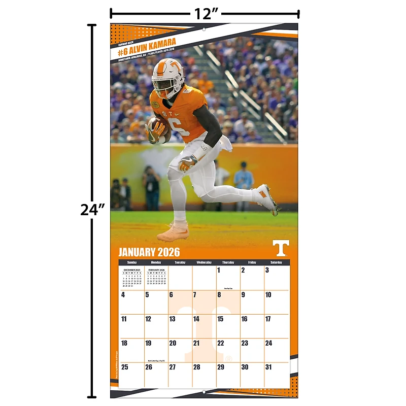 Calendrier mural 2026 des équipes des Tennessee Volunteers (12 po x 12 po)