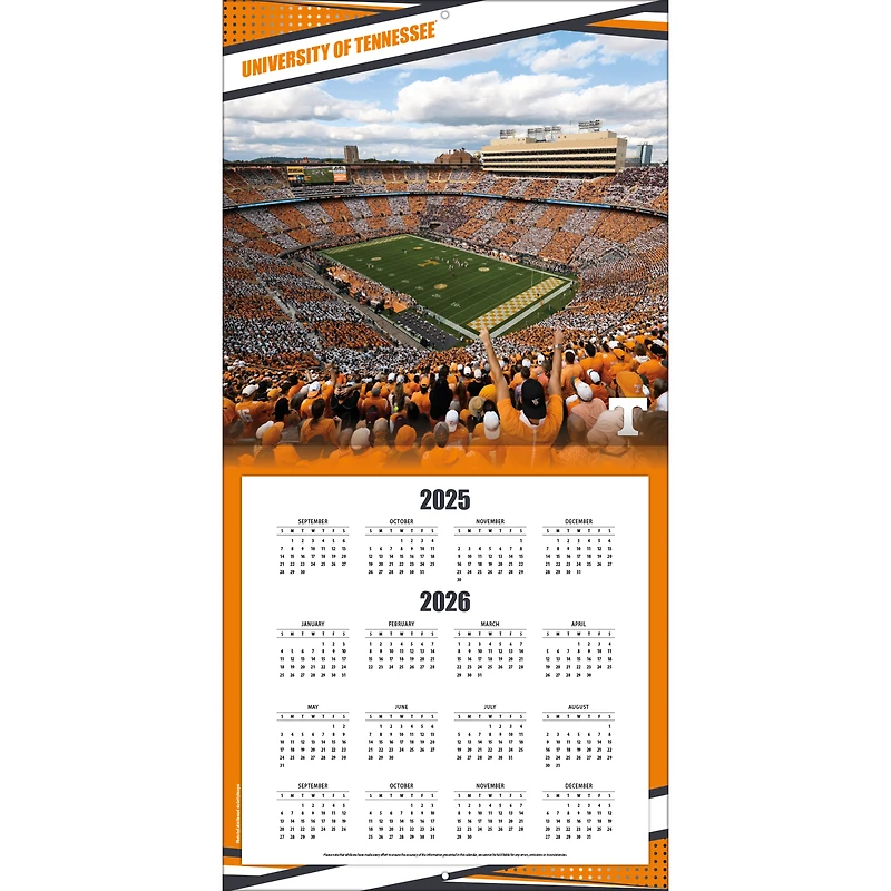 Calendrier mural 2026 des équipes des Tennessee Volunteers (12 po x 12 po)