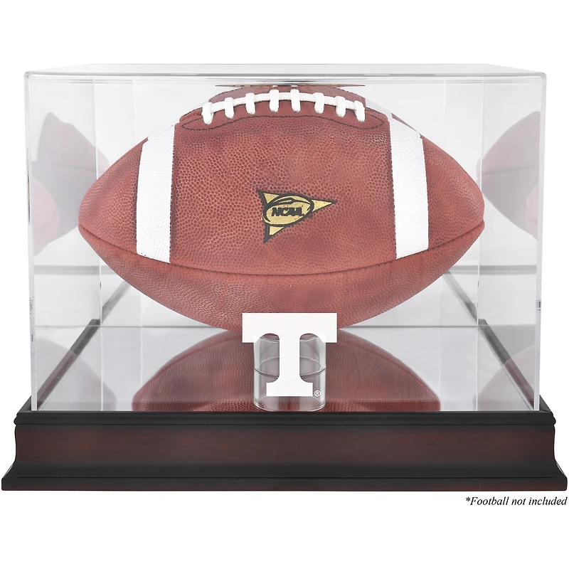 Vitrine pour ballon de football américain Tennessee Volunteers, en acajou, avec logo et fond miroir.
