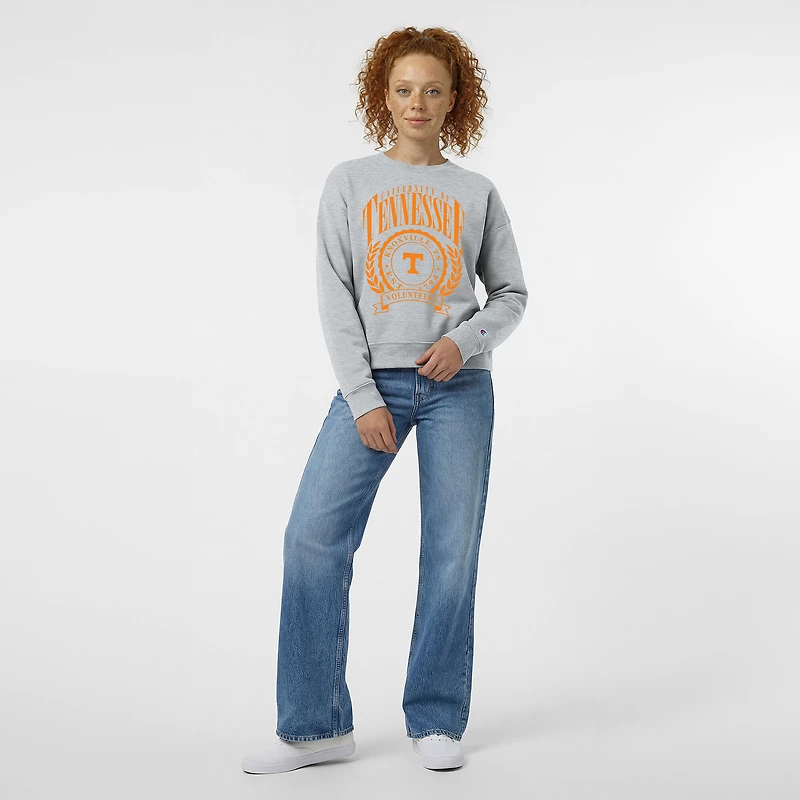Sweat-shirt à col rond Champion pour femmes, gris chiné, avec écusson académique des Tennessee Volunteers.