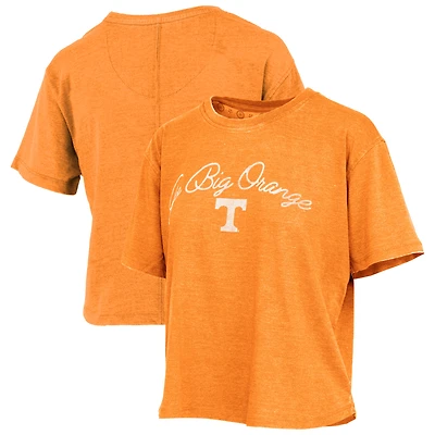 Women's Pressbox  Tennessee Orange Volunteers Vintage Waist Length Script Over Logo T-Shirt