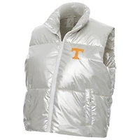 Women's ZooZatz Silver Tennessee Volunteers Metallic Cropped Full-Zip Sleeveless Puffer Vest