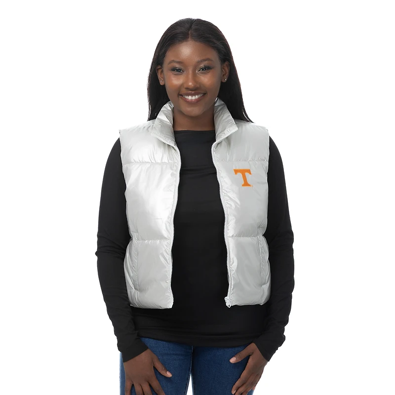 Women's ZooZatz Silver Tennessee Volunteers Metallic Cropped Full-Zip Sleeveless Puffer Vest